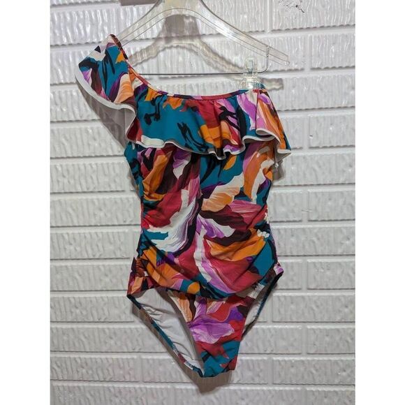 Profile By Potter Women's Multi-Color Floral One Shoulder Swimwear Size 10 - Picture 1 of 7